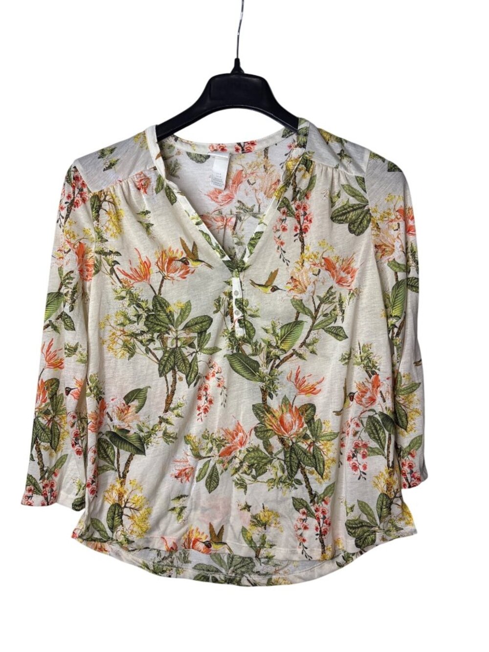 H&M Sheer Popover Blouse Top Size M Floral Hummingbirds Multicolor Polyester